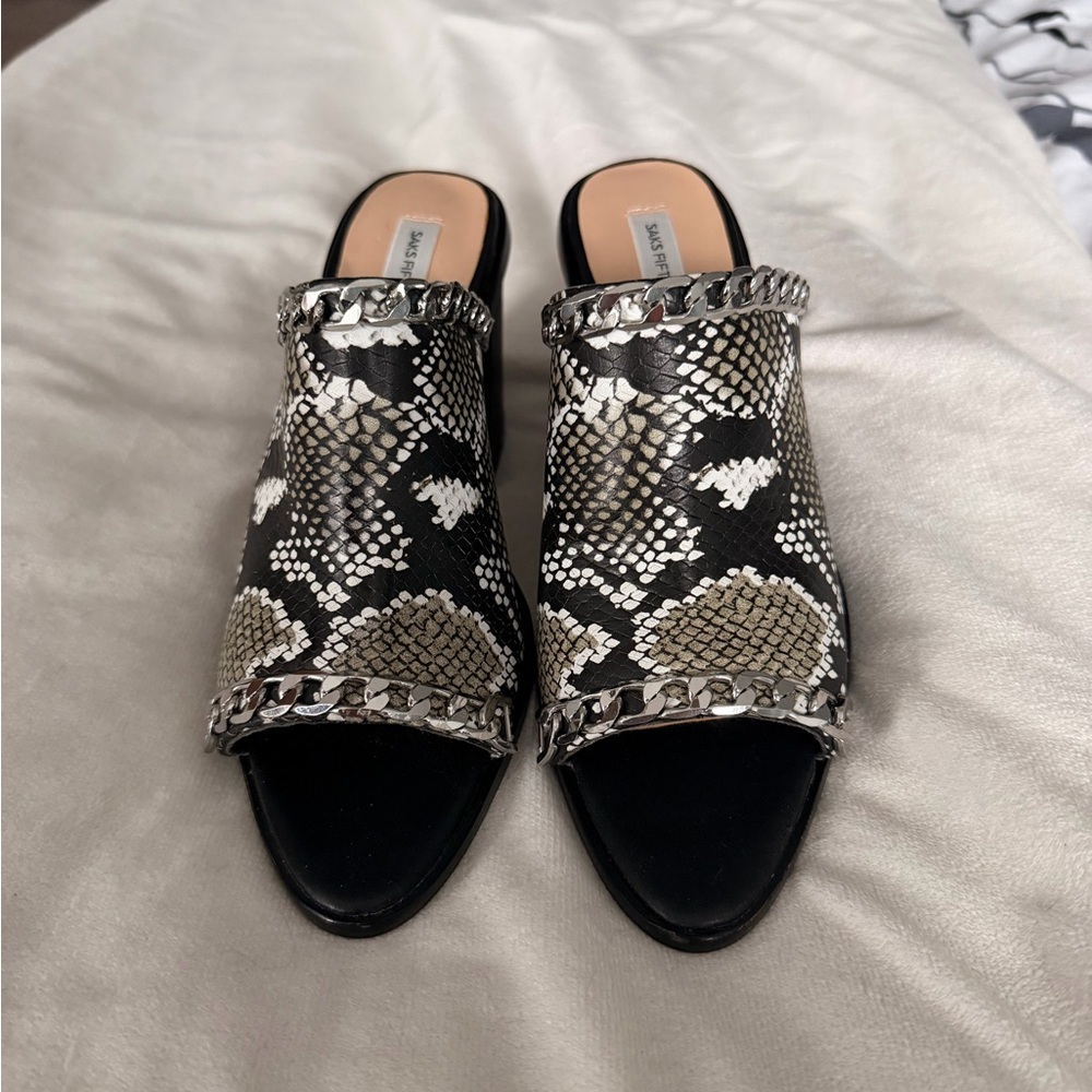 Saks Fifth Ave Black and White Snake Print Mules - Picture 3 of 7